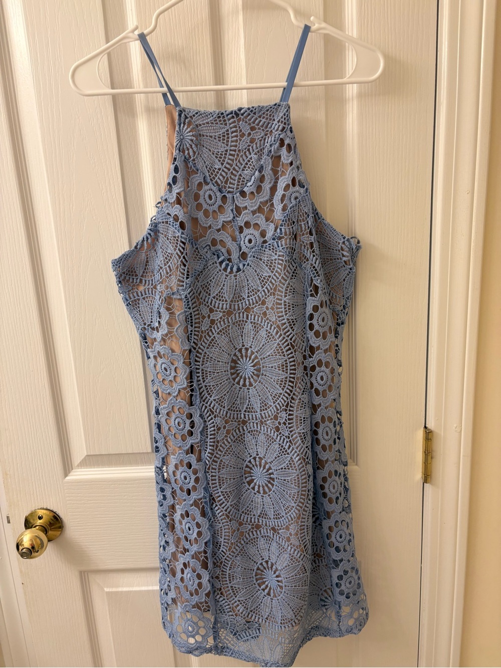 Francesca's Collections Sky Blue Crochet Halter Mini Dress